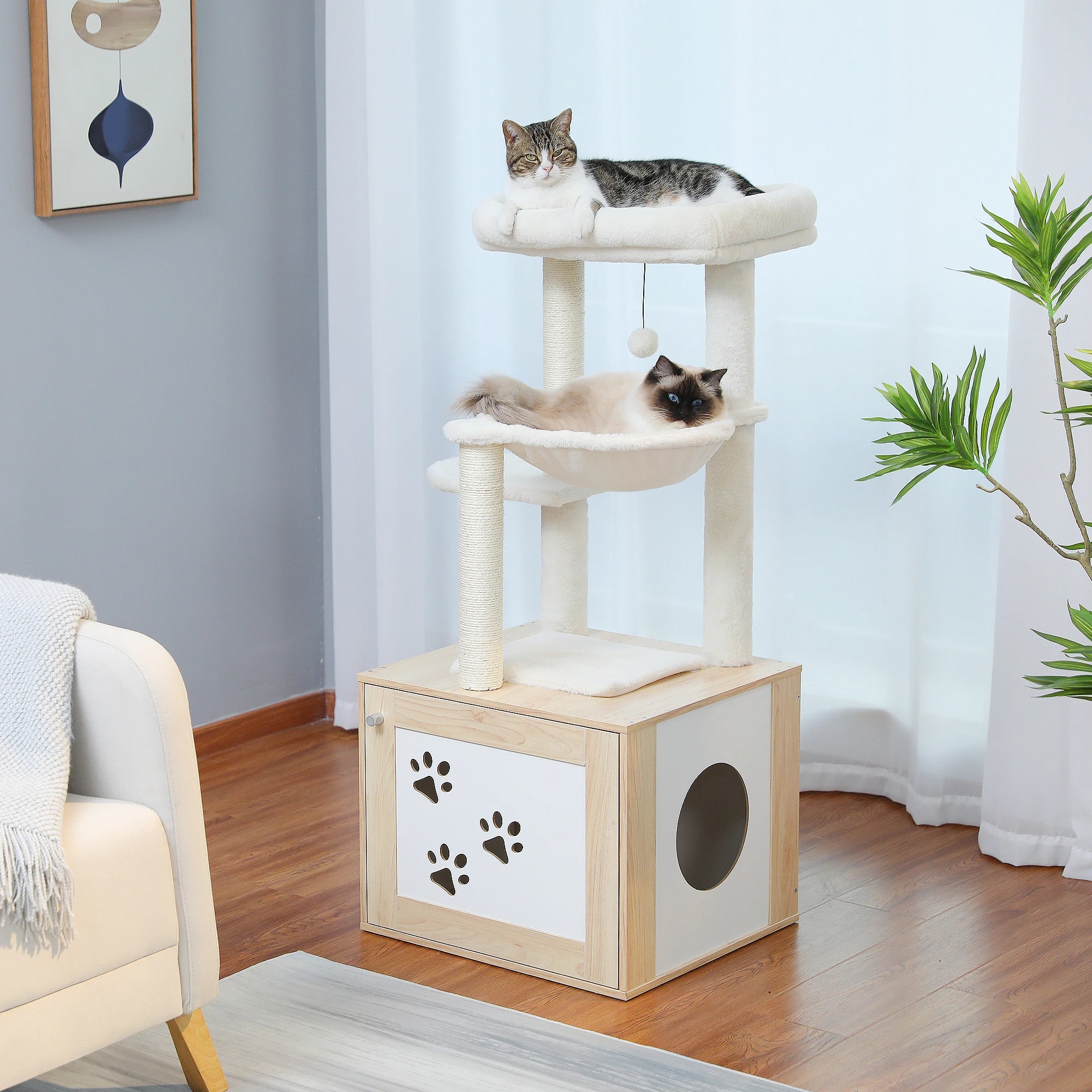 Cat Tree with Litter Box Enclosure Modern Cat Tower Wood with Super Large Hammock Cat Condo with Cat Scratching Posts Top Perch