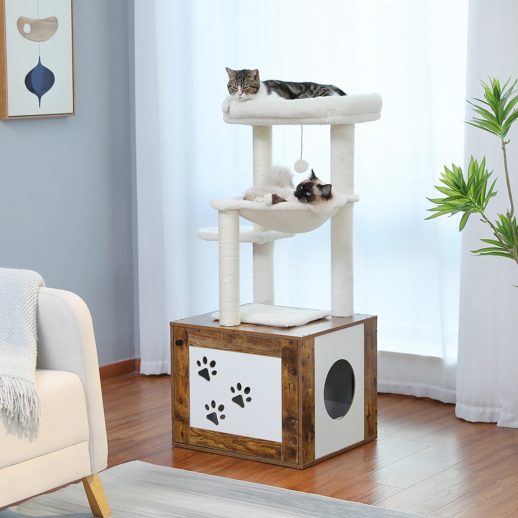Cat Tree with Litter Box Enclosure Modern Cat Tower Wood with Super Large Hammock Cat Condo with Cat Scratching Posts Top Perch