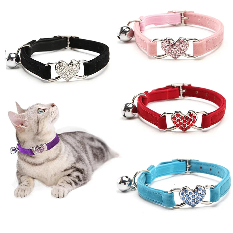 Heart Charm and Bell Cat Collar Safety Elastic Adjustable with Soft Velvet Material 8 Colors Pet Product Small Dog Collar