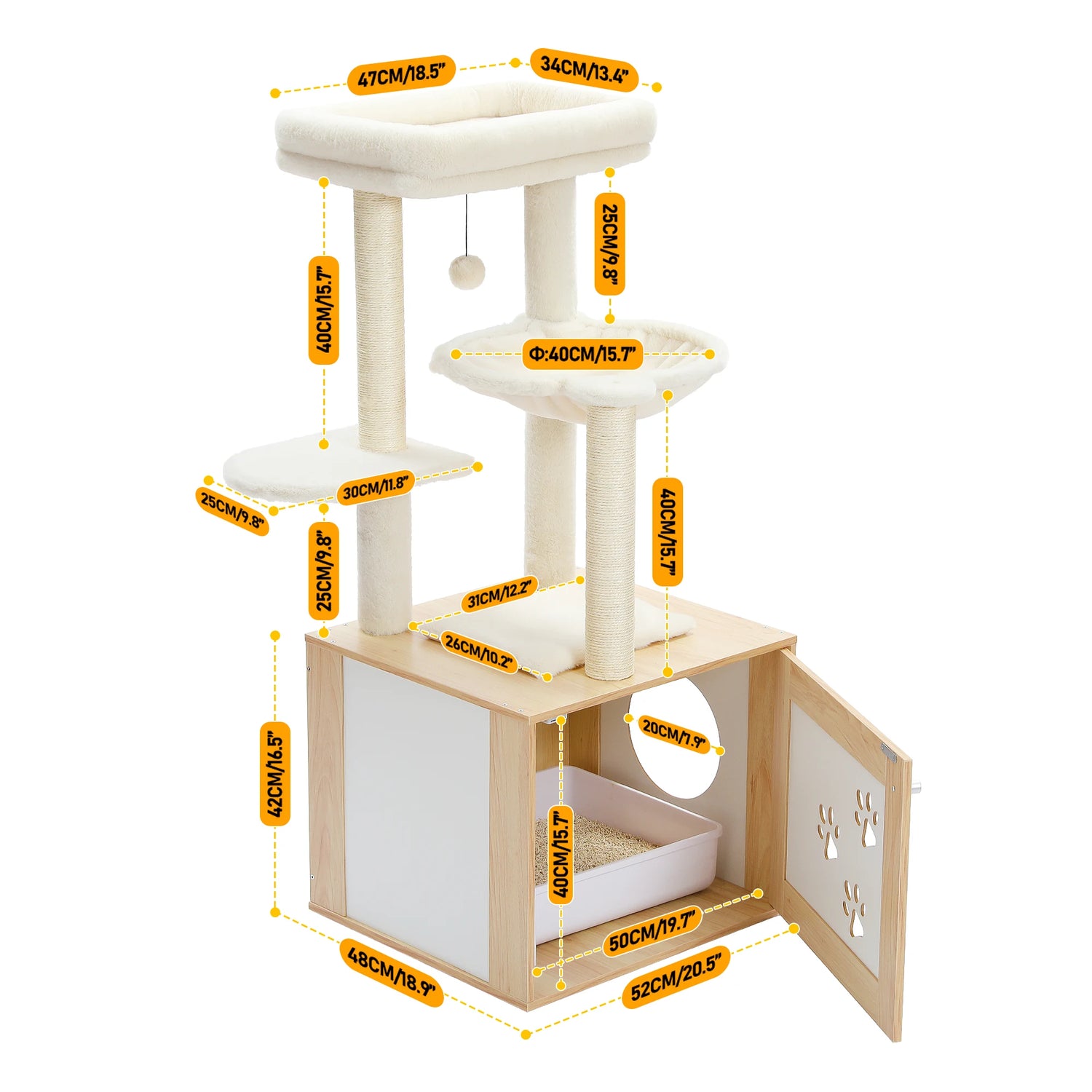 Cat Tree with Litter Box Enclosure Modern Cat Tower Wood with Super Large Hammock Cat Condo with Cat Scratching Posts Top Perch