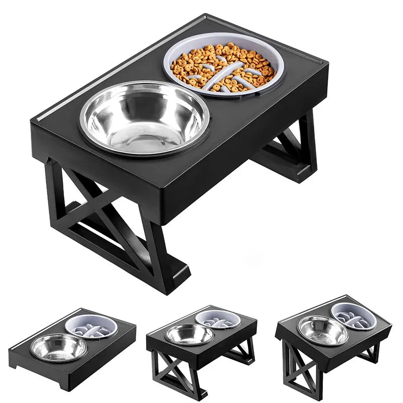 Dog Double Elevated Bowls Stand 3 Adjustable Height Pet Slow Feeding Dish Bowl Medium Big Dog Elevated Food Water Feeders Table