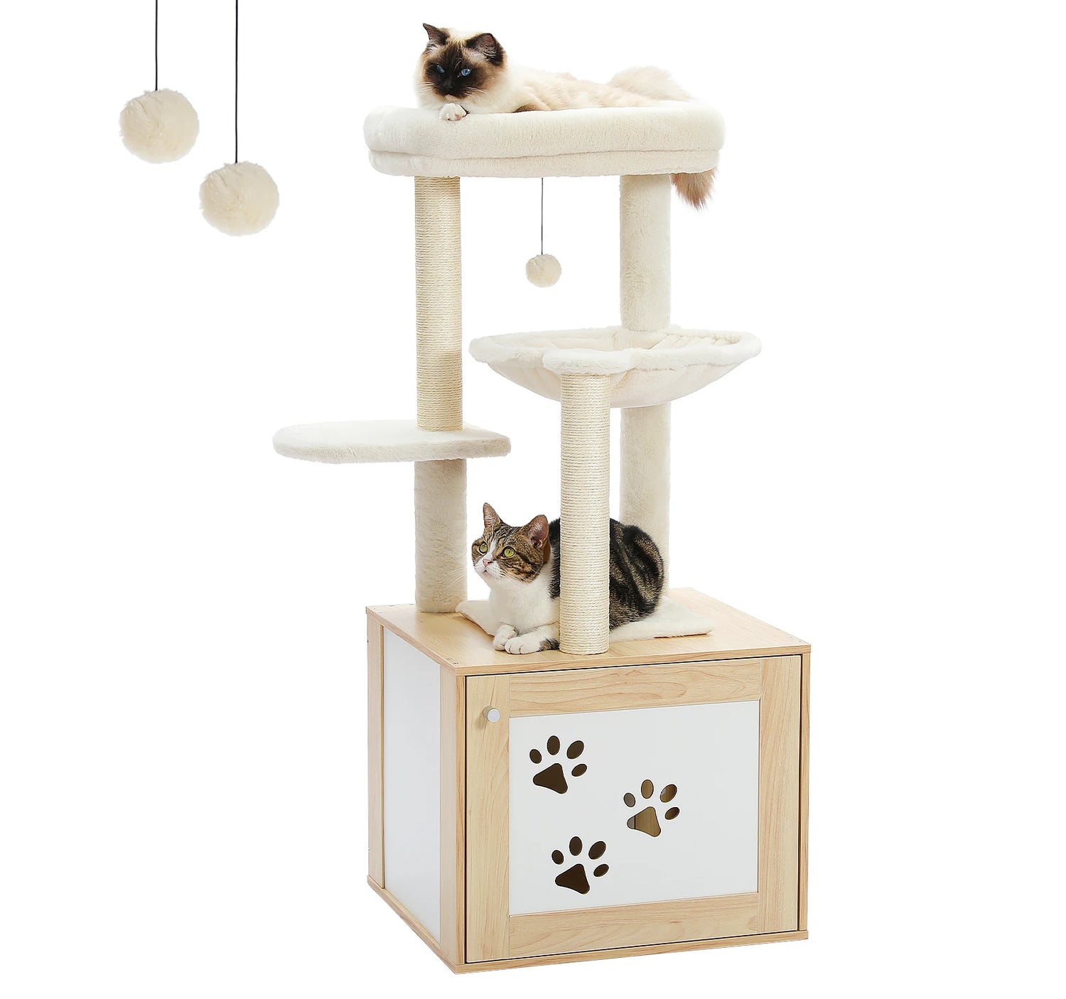 Cat Tree with Litter Box Enclosure Modern Cat Tower Wood with Super Large Hammock Cat Condo with Cat Scratching Posts Top Perch