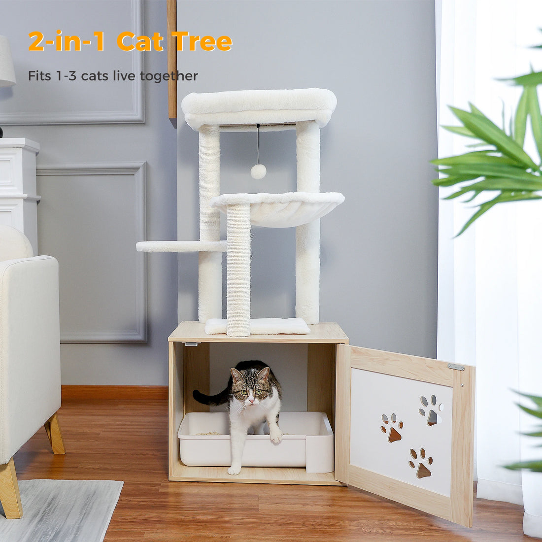 Cat Tree with Litter Box Enclosure Modern Cat Tower Wood with Super Large Hammock Cat Condo with Cat Scratching Posts Top Perch